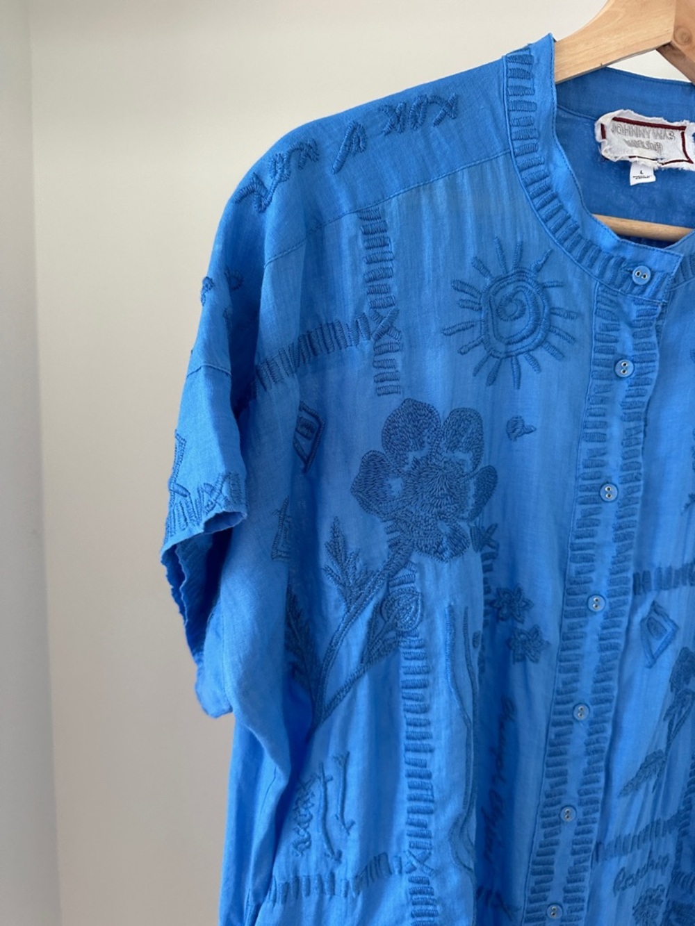Johnny Was Bright Blue Embroidered Button-Front Tunic - Picture 4 of 9